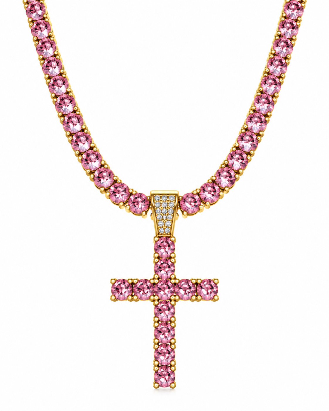 Collier Croix en Plaqué Or & Zirconiums Roses