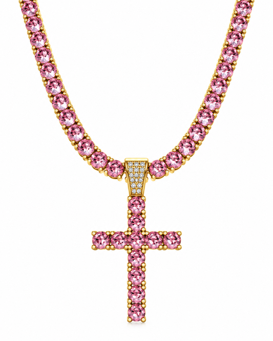 Collier Croix en Plaqué Or & Zirconiums Roses